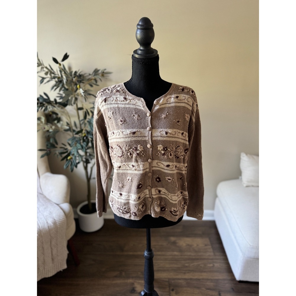 Vintage Floral Embroidered Beaded Cardigan Sweater Brown Tan Striped Knit L